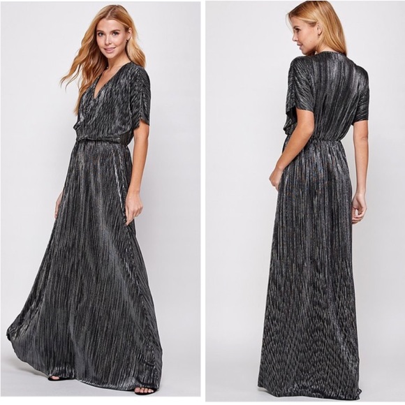 Black & Silver V-Neck Twist Draped Formal Dress - Picture 4 of 5